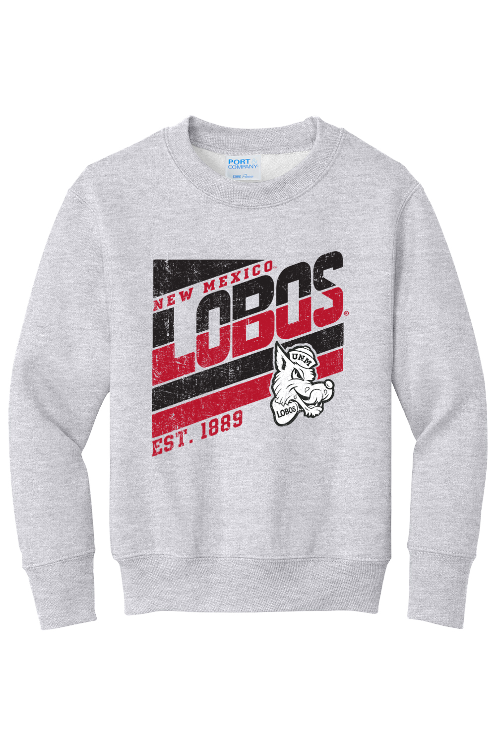 Lobos Retro-Stripe - Port & Company Youth Core Fleece Crewneck Sweatshirt (PC78Y)